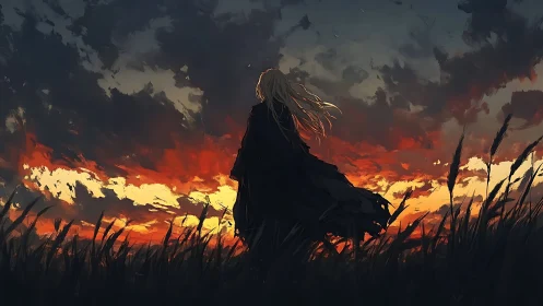 Solitary cloaked figure watching burning sunset horizon