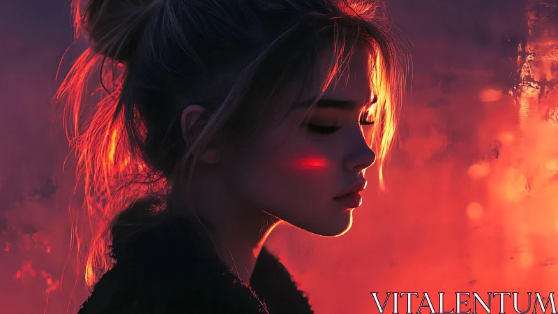 Emberlit daydreamer in neon dusk glow, eyes turned inward.