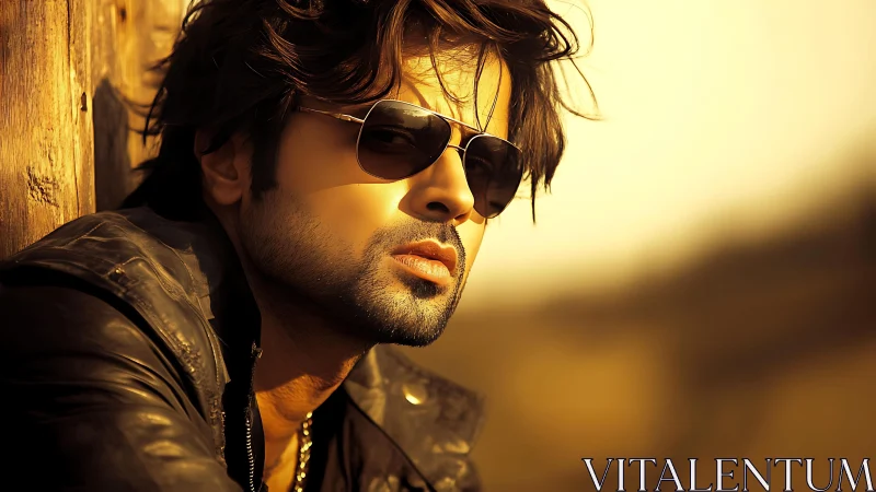 Cinematic male portrait in warm high-contrast side lighting with bokeh