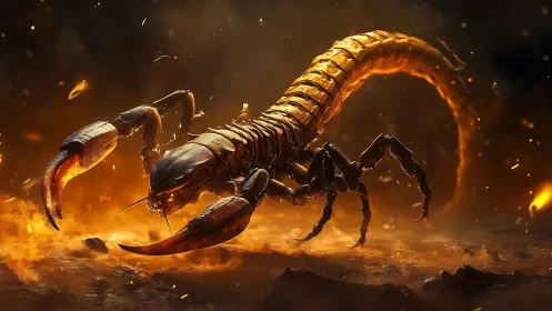 Highly detailed 3D scorpiid creature illuminated by molten backlight