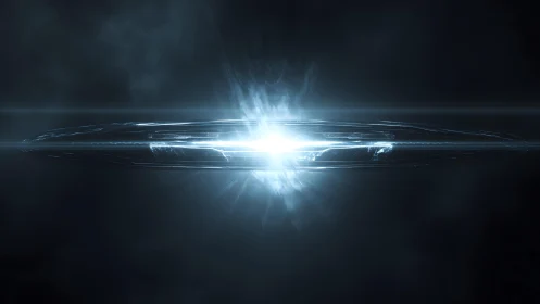 Futuristic glowing spaceship in deep space digital art style.