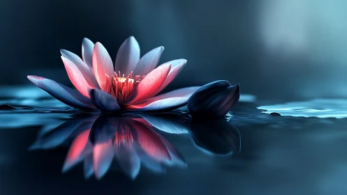 Macro close-up of bioluminescent lotus flower over still water