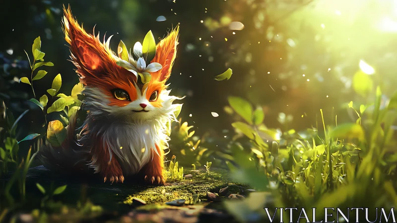 Small foxlike creature sits in sunlit forest clearing