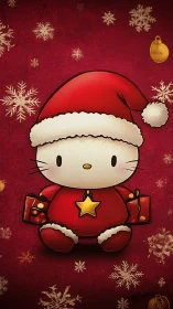 Cute cartoon cat in Santa suit holding Christmas gifts.