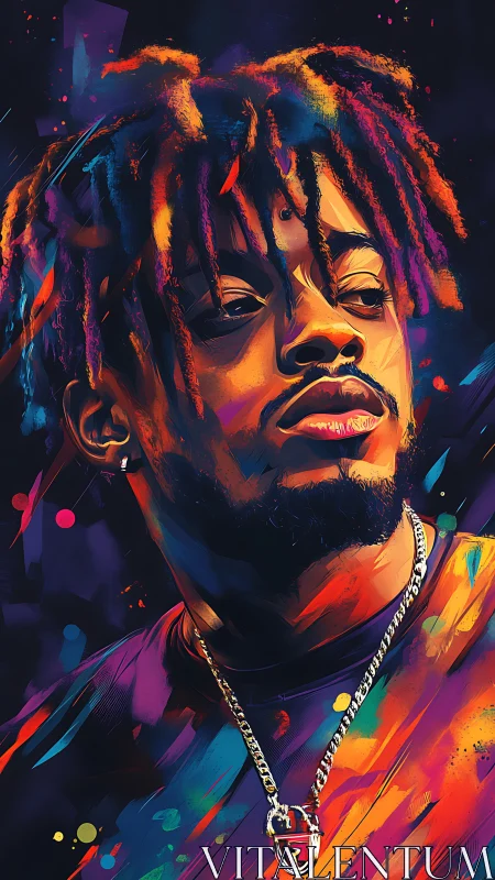 Digital portrait of man with multicolored abstract lighting.