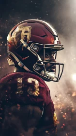 Side-profile gridiron portrait in dramatic particle field.