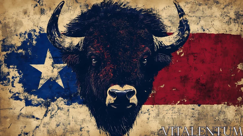 Buffalo portrait over weathered Texas-style flag background.