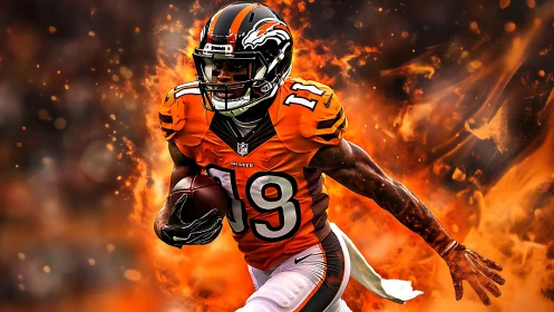 Football runner sprints through blazing orange firestorm