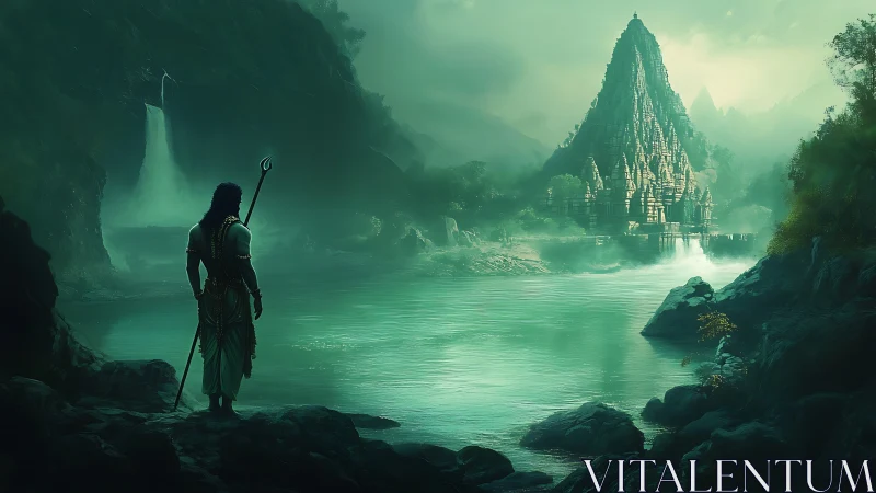 Lone river guardian studies the mist-wrapped jungle temple