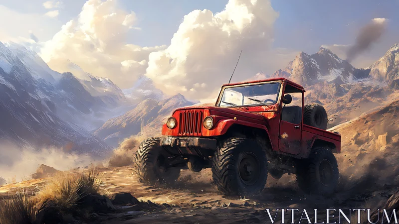 Red off-road jeep climbs rocky mountain trail at sunrise