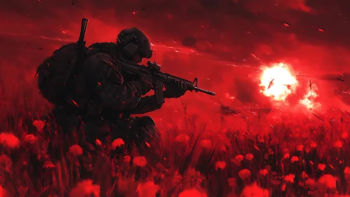 Lone soldier watches a blazing battlefield sky ignite in red