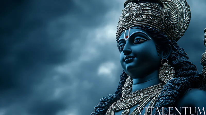 Blue-toned deity statue with ornate headdress under clouds.