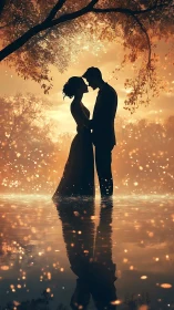 Silhouetted romantic couple embracing beneath golden hour foliage canopy. Tree.