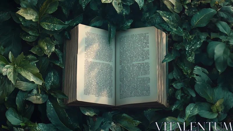 Aged botanical text block embedded in dense leaf substrate.