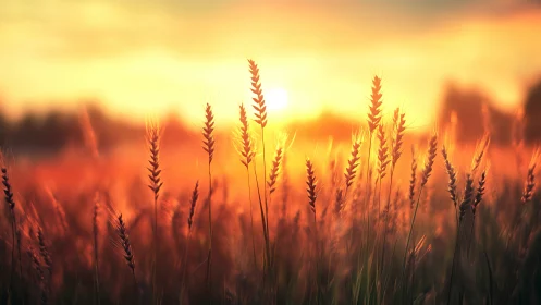Photorealistic wheat field at golden-hour sunrise composition.