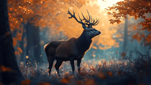 Majestic stag under autumn forest sunrise glow.