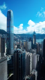 Glass skyscrapers dominate dense harborfront skyline view.