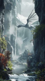Gentle dragon gliding through a misty canyon sanctuary.