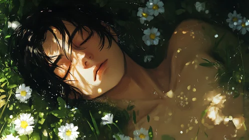 Softly dappled dreamer drifting in wildflower waterlight.