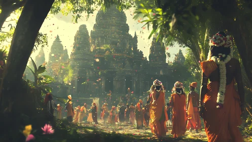 Procession of robed figures approaching ornate stone temple.
