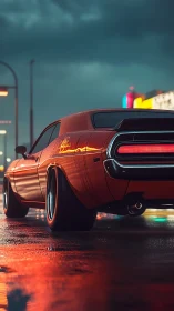 Muscle car rear view glows on wet neon-lit urban street