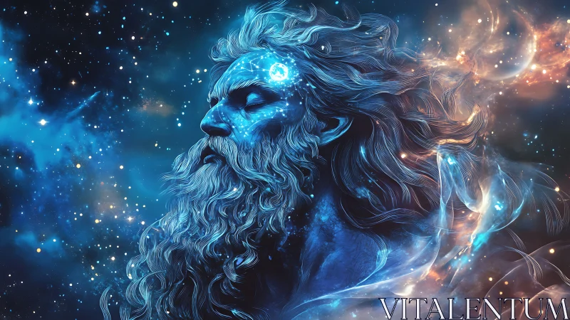 Celestial godlike figure emerges in swirling cosmic nebulae