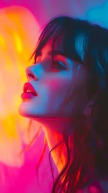 Side profile portrait in neon blue and magenta light.