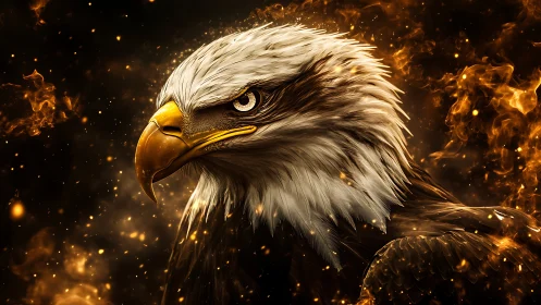 Majestic Bald Eagle Portrait in Fiery Artistic Digital Style.