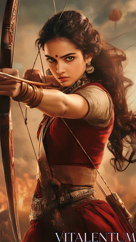 Female archer in traditional attire drawing bowstring.