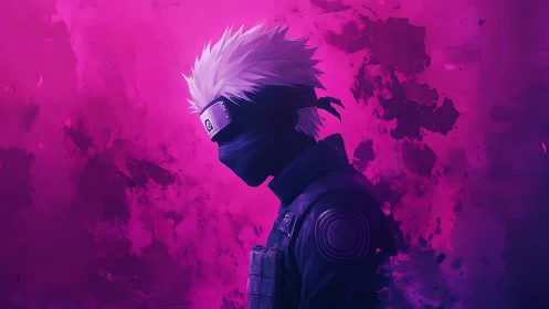 Calm masked ninja in glowing pink and purple shadows.