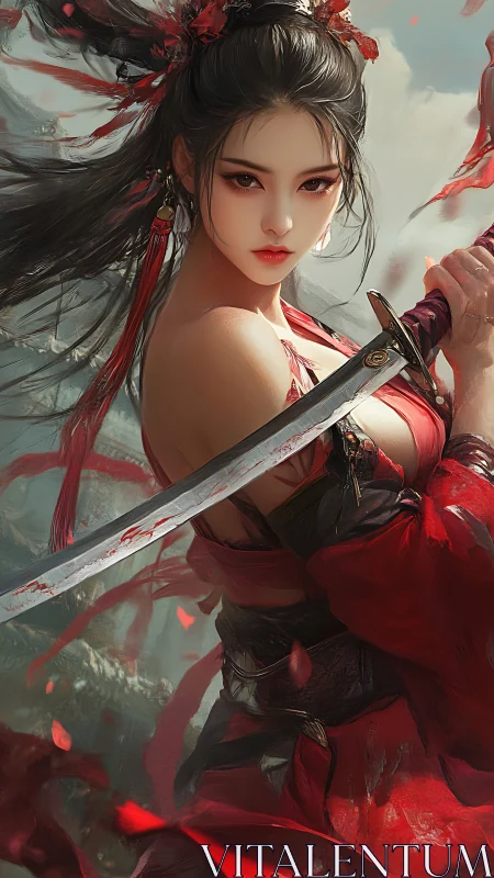 Scarlet blade maiden poised within storm-tossed petals.
