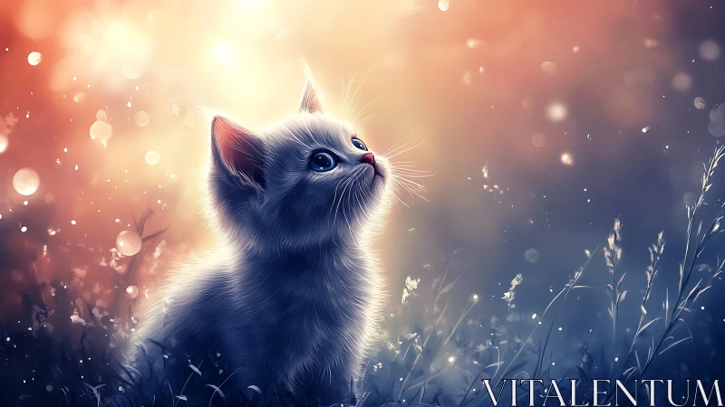 Luminous Kitten Gazes Upward Among Glowing Wildflowers