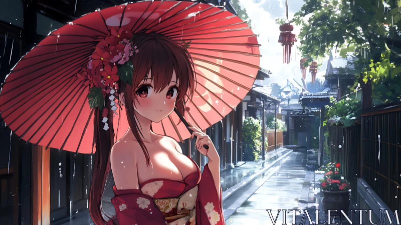 Kimono-clad girl holds red umbrella on rainy alleyway