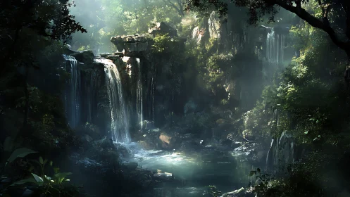 Underground Cavern with Cascading Waterfalls and Luminescent Water