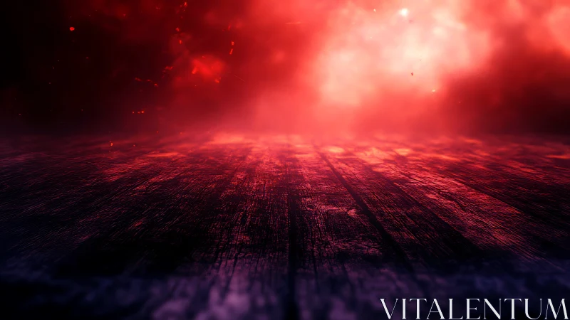 Burning red horizon over textured dark wooden floor.