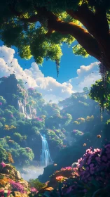 Lush fantasy valley with cascading waterfall under bright sky.