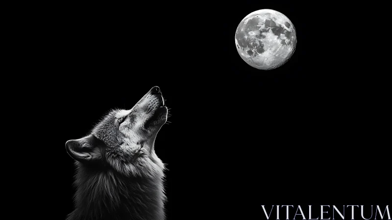 Wolf gazes toward full moon in stark monochrome night sky