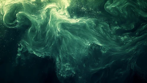 Emerald turbulent nebula flow with luminous particulate currents