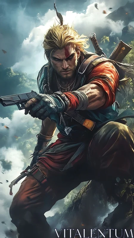 Rugged jungle warrior leaping through stormlit canyon skies.