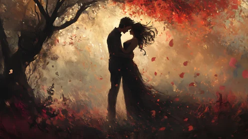 Silhouetted couple embracing under autumn tree with falling leaves