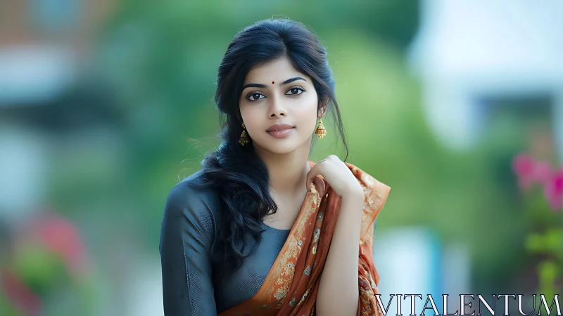 Gentle gaze in a sari against a soft garden backdrop.