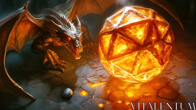 Fire dragon guards glowing molten d20 crystal sphere
