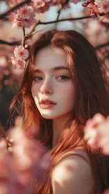 Young woman portrait framed by pink spring blossoms outdoors.