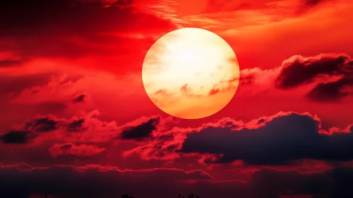 Large sun over red sky with dark layered cloud bands.