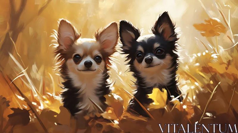 Chihuahua pair rest in golden autumn meadow light.