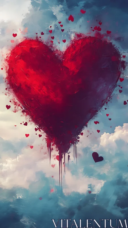 Crimson Heart Dissolving Through Clouds and Sky.