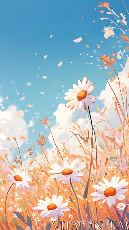 Daisy daydreams swirling beneath a wide watercolor sky.