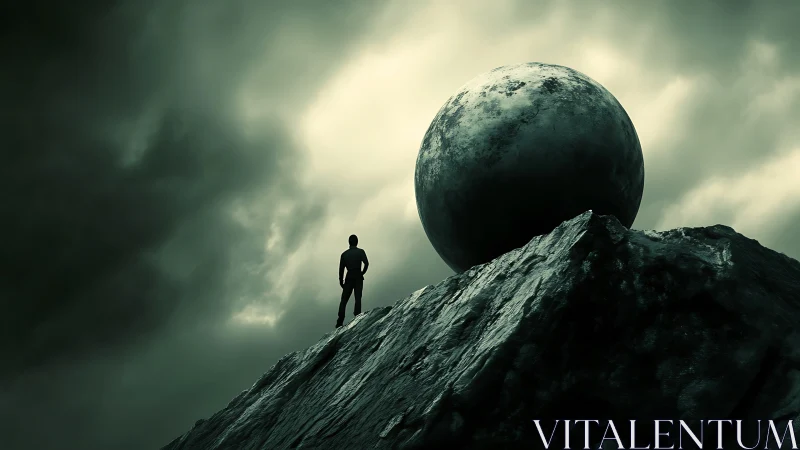 Solitary figure confronting monolithic sphere on storm cliff.