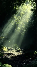 Sunlit forest clearing with dramatic god rays and foliage.