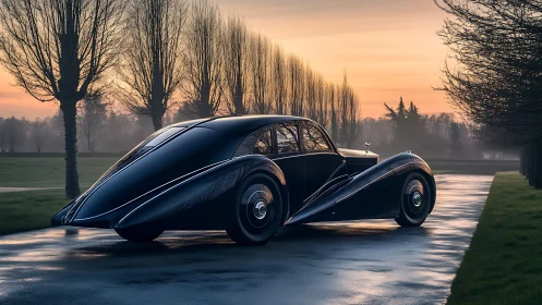Streamlined black classic coupe parked on wet driveway at dawn